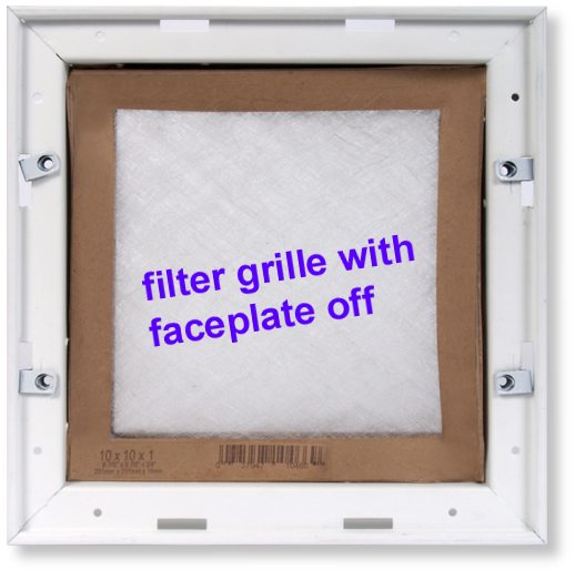 decorative cast metal return air grille with filter and frame, box shown with grille removed